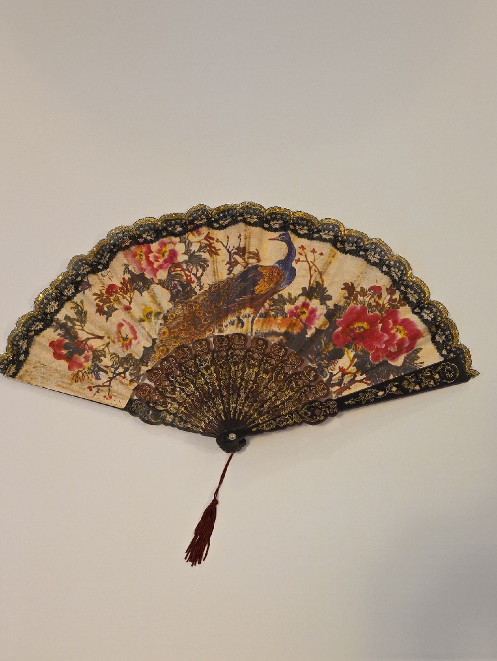 Chinese Classical Scent Fan Peacock in Garden Floral Lace Handpainted Colorful